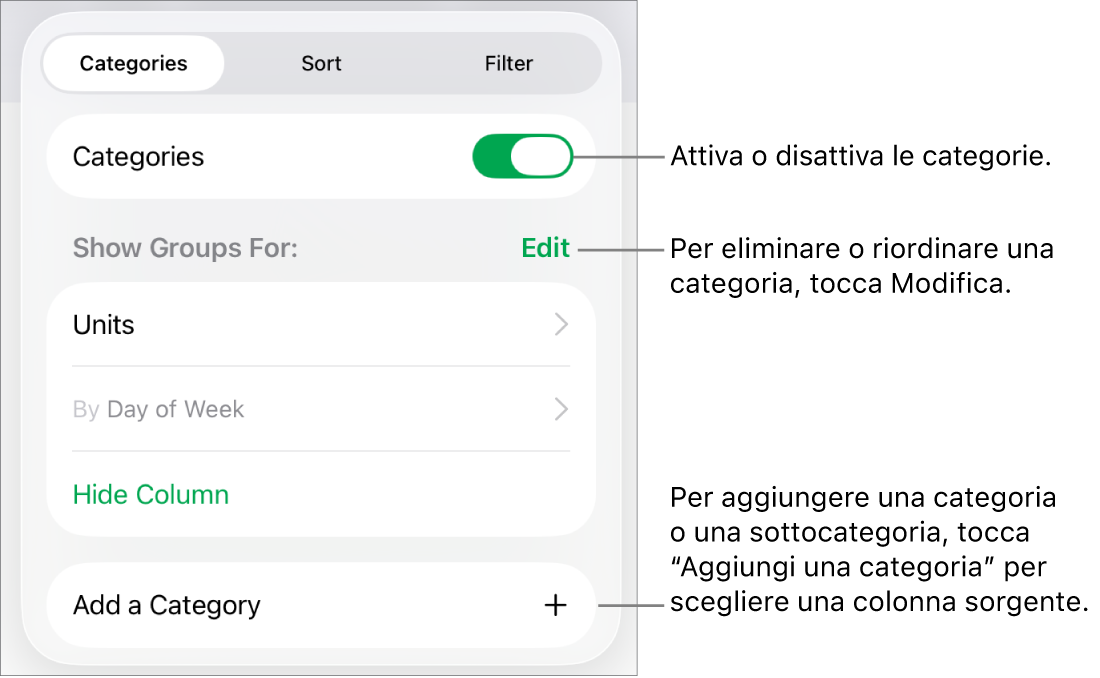 Il menu delle categorie in iPad con opzioni per disattivare le categorie, eliminare le categorie, raggruppare i dati, nascondere una colonna sorgente e aggiungere le categorie.