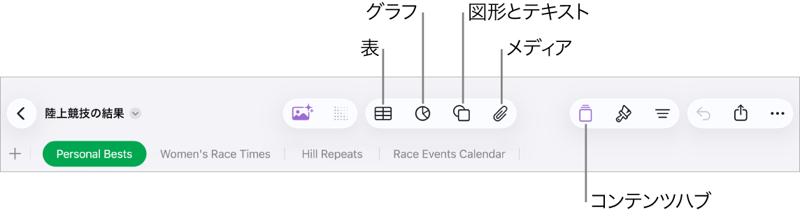 オブジェクトを追加するコントロール。表、グラフ、図形(線やテキストボックスを含む)、およびメディアを選択するためのボタンが上部に表示された状態。