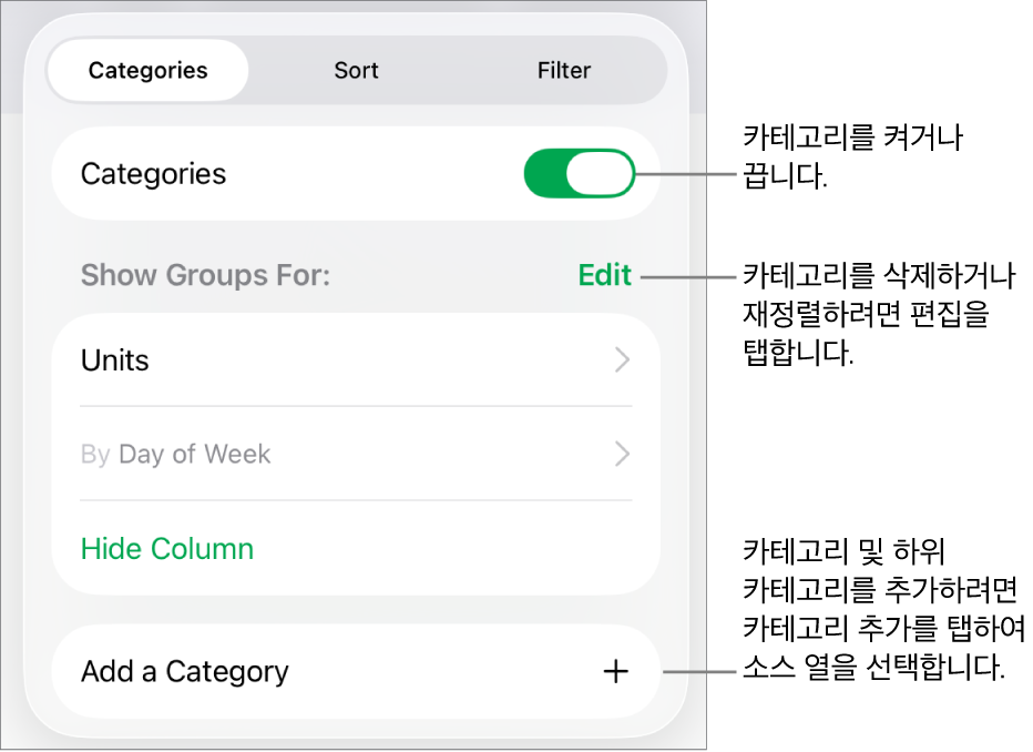 카테고리 끄기, 카테고리 삭제, 데이터 재그룹화, 소스 열 가리기 및 카테고리 추가 옵션이 있는 iPad용 카테고리 메뉴.