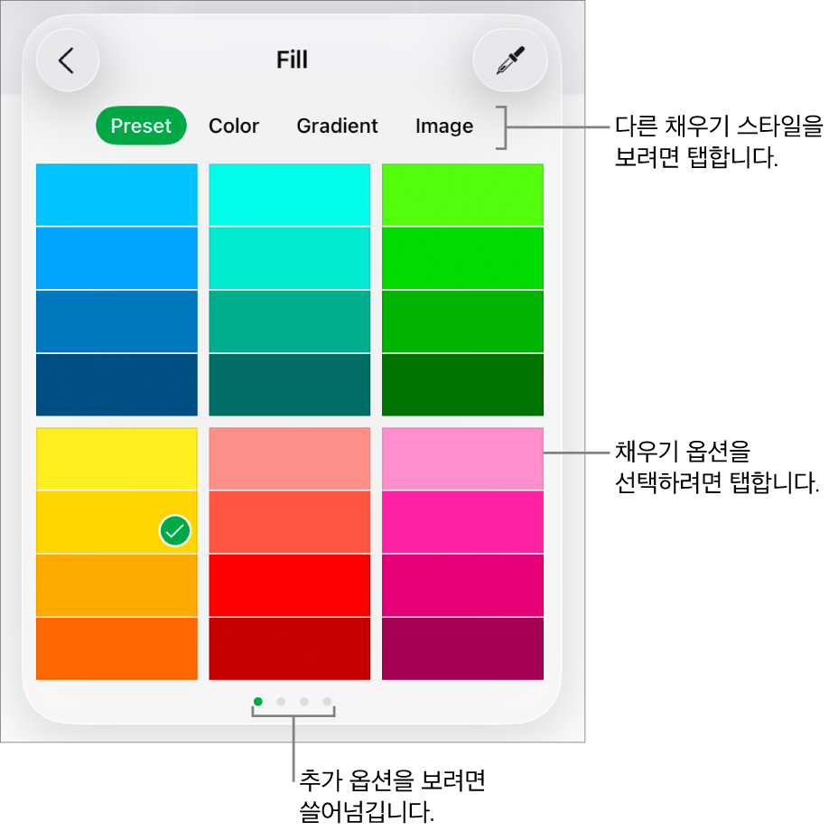 포맷 버튼의 스타일 탭에 있는 채우기 옵션.