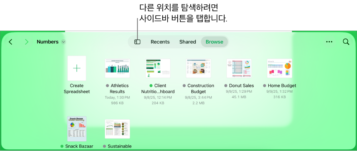 왼쪽 상단 모서리에 위치 링크가 있고 그 아래에 검색 필드가 있는 문서 관리자의 탐색 보기. 오른쪽 상단 모서리에는 스프레드시트 추가 버튼, 새로운 폴더 버튼, 목록 또는 아이콘 보기를 사용하고 이름, 날짜, 크기, 종류 및 태그별로 필터링하기 위한 팝업 메뉴, 선택 버튼이 있음. 그 아래에는 기존 스프레드시트의 썸네일이 있음.