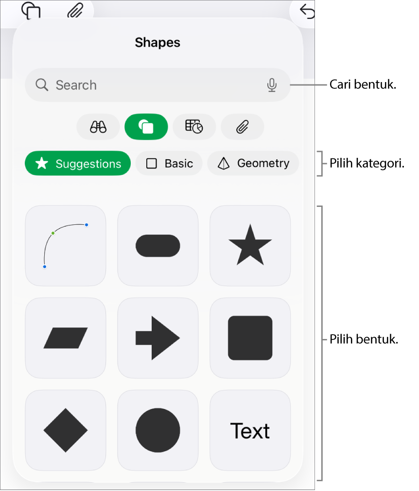 Pustaka bentuk, dengan kategori di bahagian atas dan bentuk dipaparkan di bawah. Anda boleh menggunakan medan carian di bahagian atas untuk mencari bentuk dan leret untuk melihat lebih banyak.