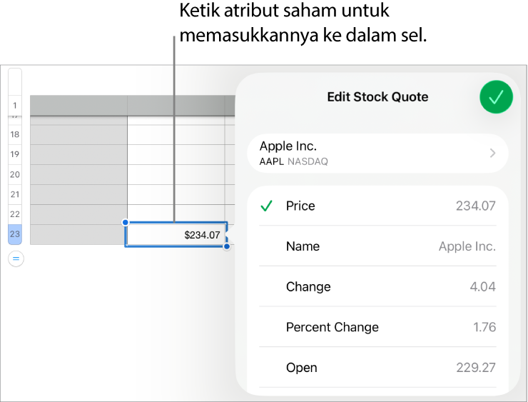 Menu timbul harga saham, dengan nama saham di atas dan atribut saham boleh dipilih termasuk buka harga, nama, pertukaran, pertukaran peratus, bukaan dan tinggi disenaraikan di bawah.