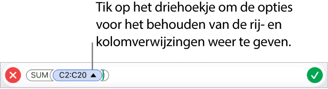 De formule-editor, waarin wordt aangegeven hoe je de rij- en kolomverwijzingen behoudt wanneer de cel wordt gekopieerd of verplaatst.