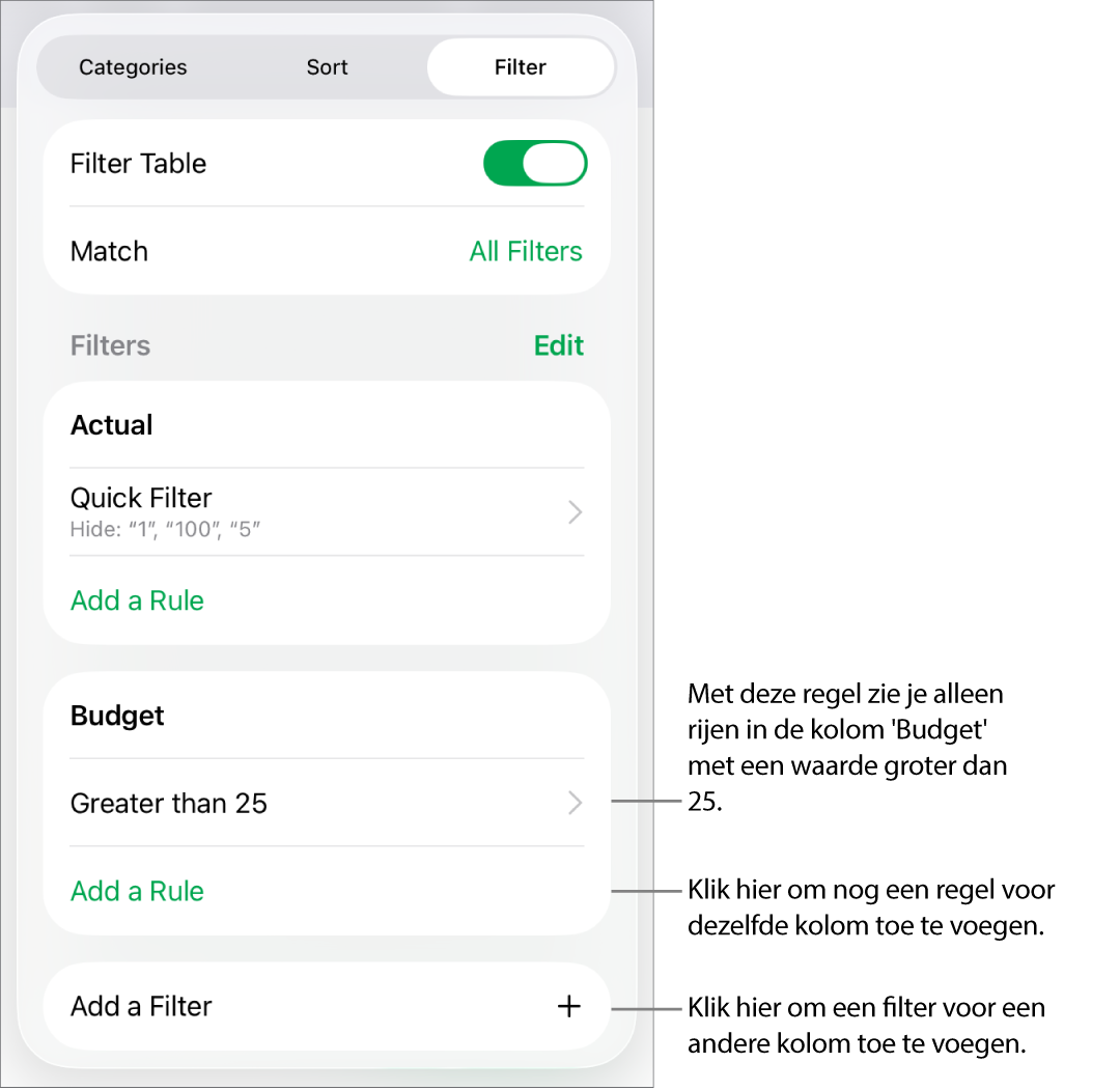 Regelaars voor het toevoegen van nieuwe filterregels of het wijzigen van bestaande regels.