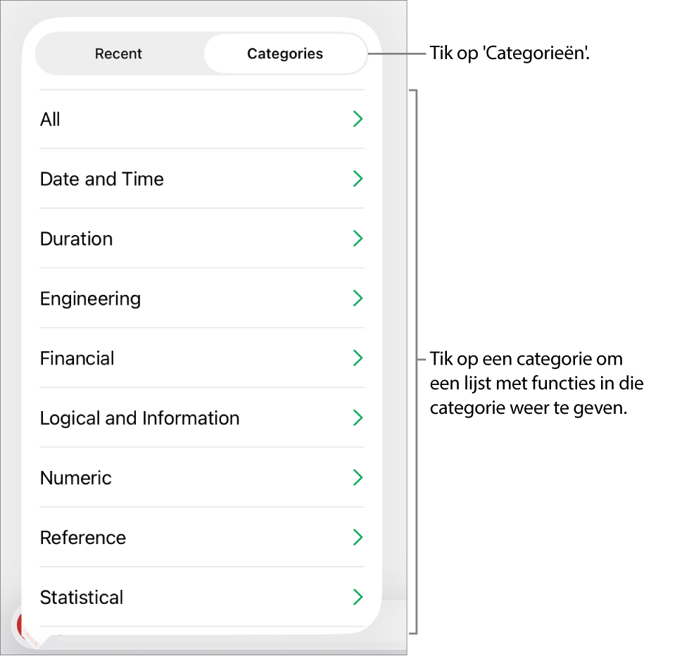 De functiekiezer met de knop 'Categorieën' geselecteerd en de lijst met categorieën eronder.