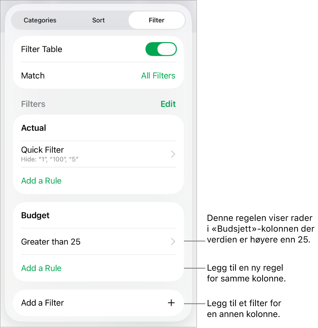 Kontroller for å legge til nye filtreringsregler eller redigere eksisterende regler.