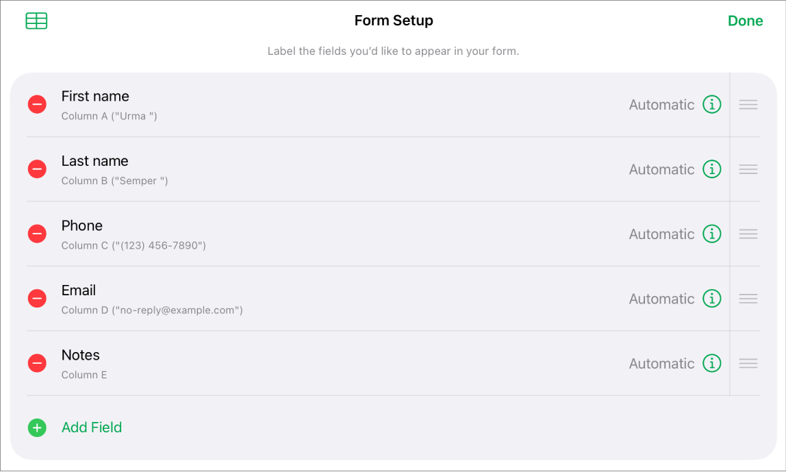 Narzędzia do konfigurowania formularza. Widoczne są opcje dodawania, edycji, zmiany kolejności i usuwania pól, a także zmiany formatu pól (np. z Tekst na Procent).