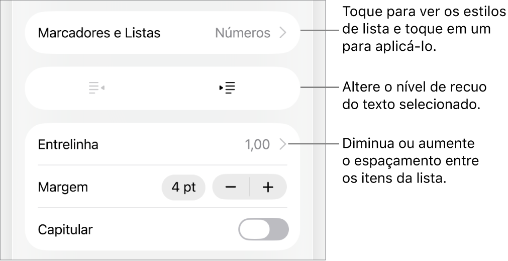 Seção “Marcadores e Listas” dos controles de Formatação, com chamadas para “Marcadores e Listas”, botões para aumentar ou diminuir o recuo e controles de entrelinha.