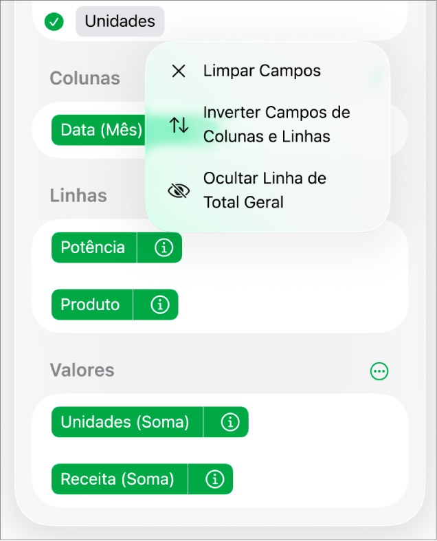 O menu Mais Opções de Campo, mostrando os controles para ocultar totais gerais, inverter campos de coluna e linha, e limpar campos.