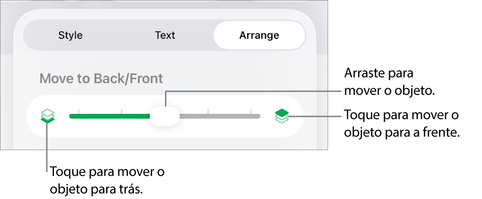 O botão “Mover para trás”, o botão “Mover para a frente” e o nivelador da camada.
