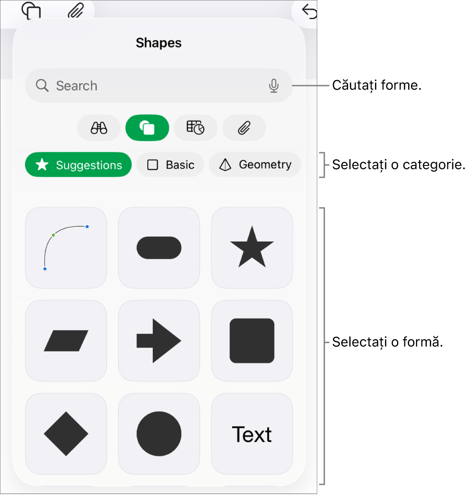 Biblioteca de forme, cu categoriile în partea de sus și formele afișate dedesubt. Puteți să utilizați câmpul de căutare din partea de sus pentru a găsi forme și să glisați pentru a vedea mai multe.