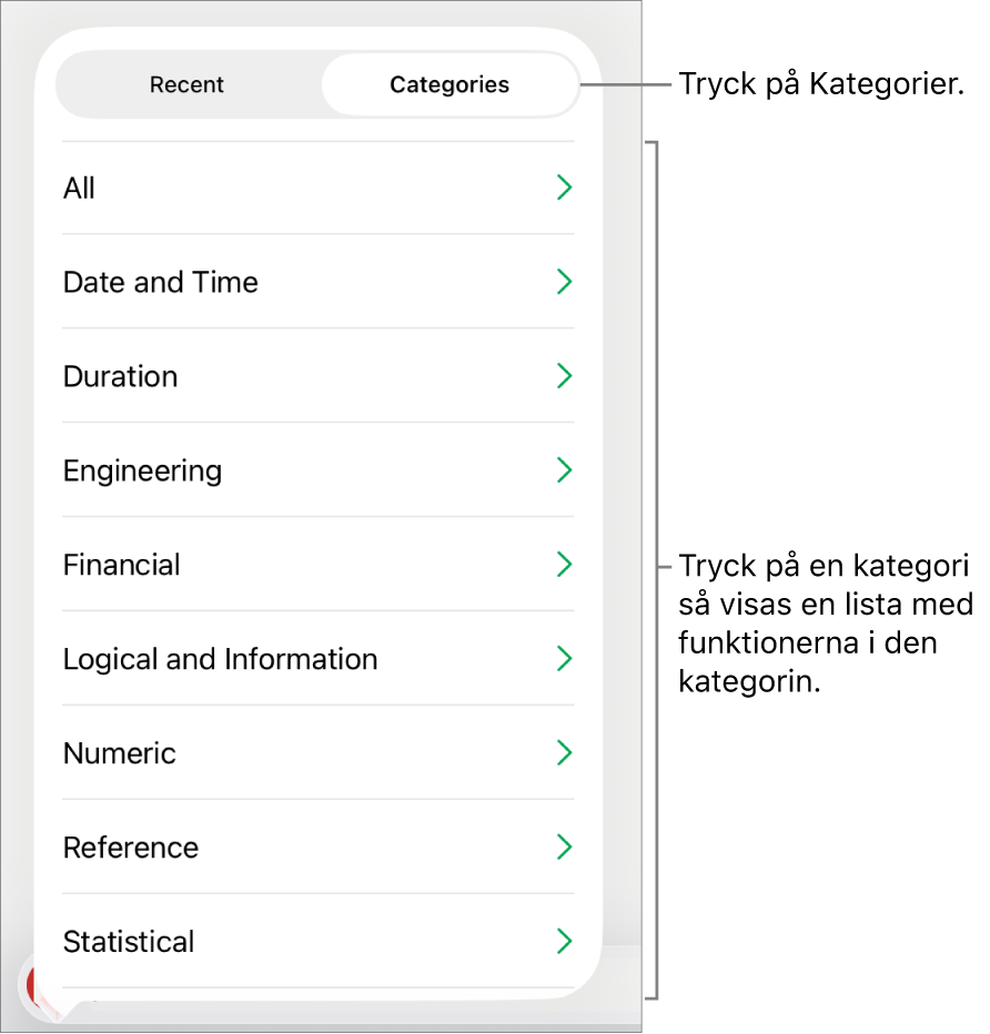 Funktionsbläddraren med knappen Kategorier markerad och listan över kategorier nedanför.