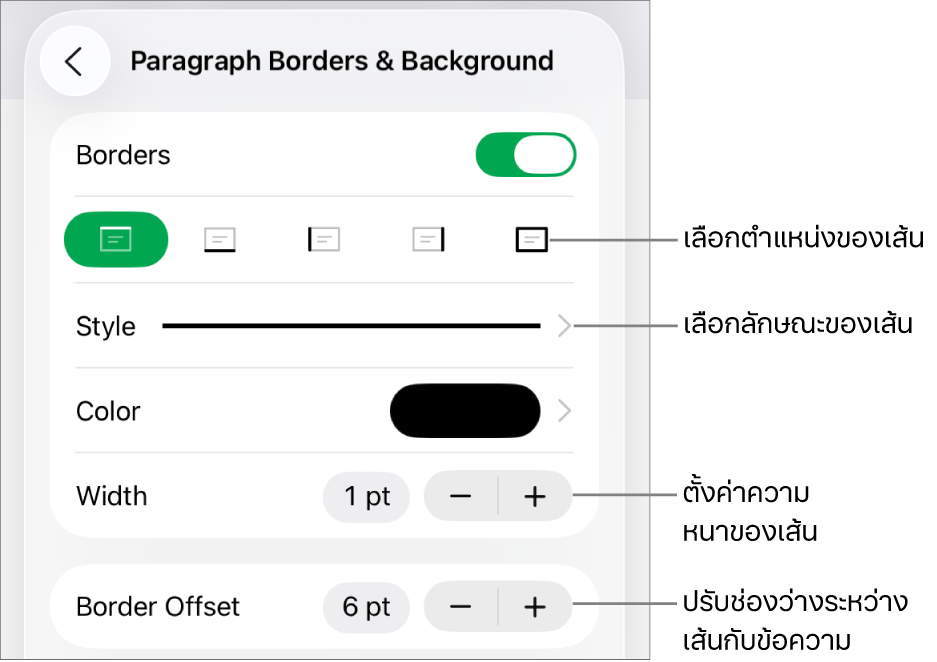 ตัวควบคุมสำหรับเปลี่ยนลักษณะเส้น ความหนา ตำแหน่ง และสี