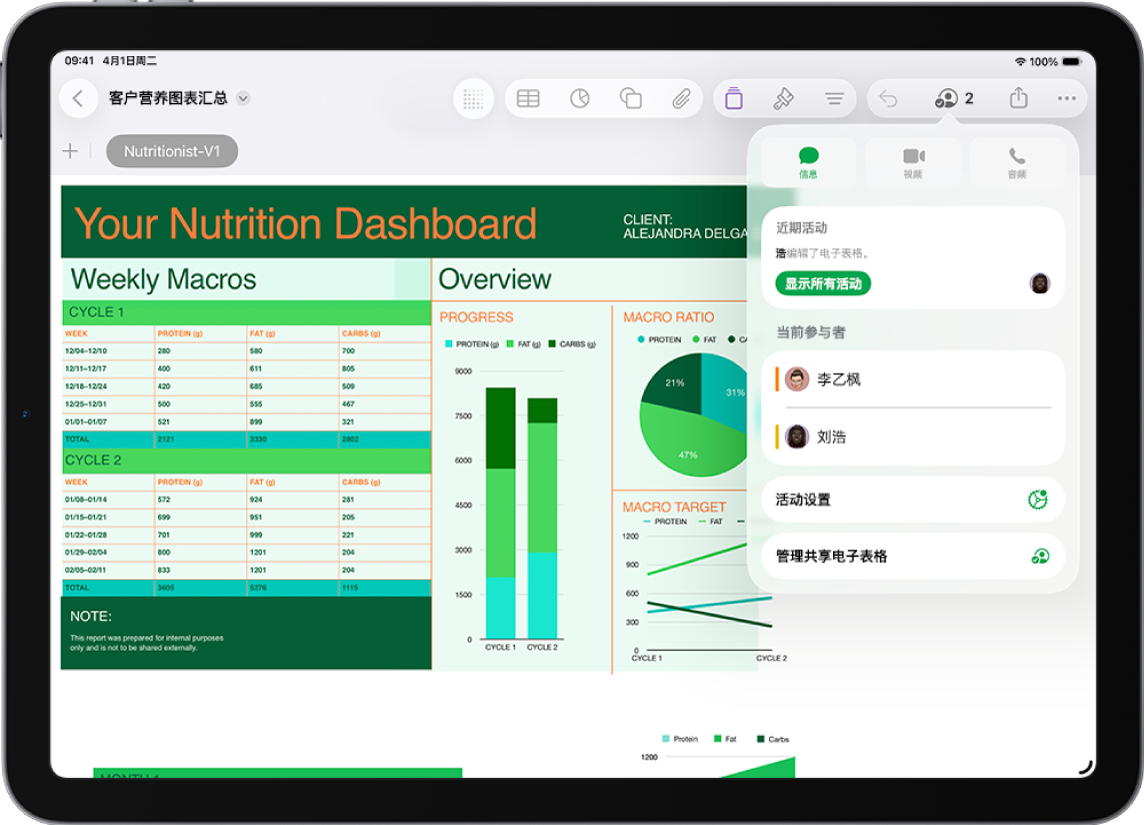 协作菜单,显示协作处理电子表格的用户的名字。