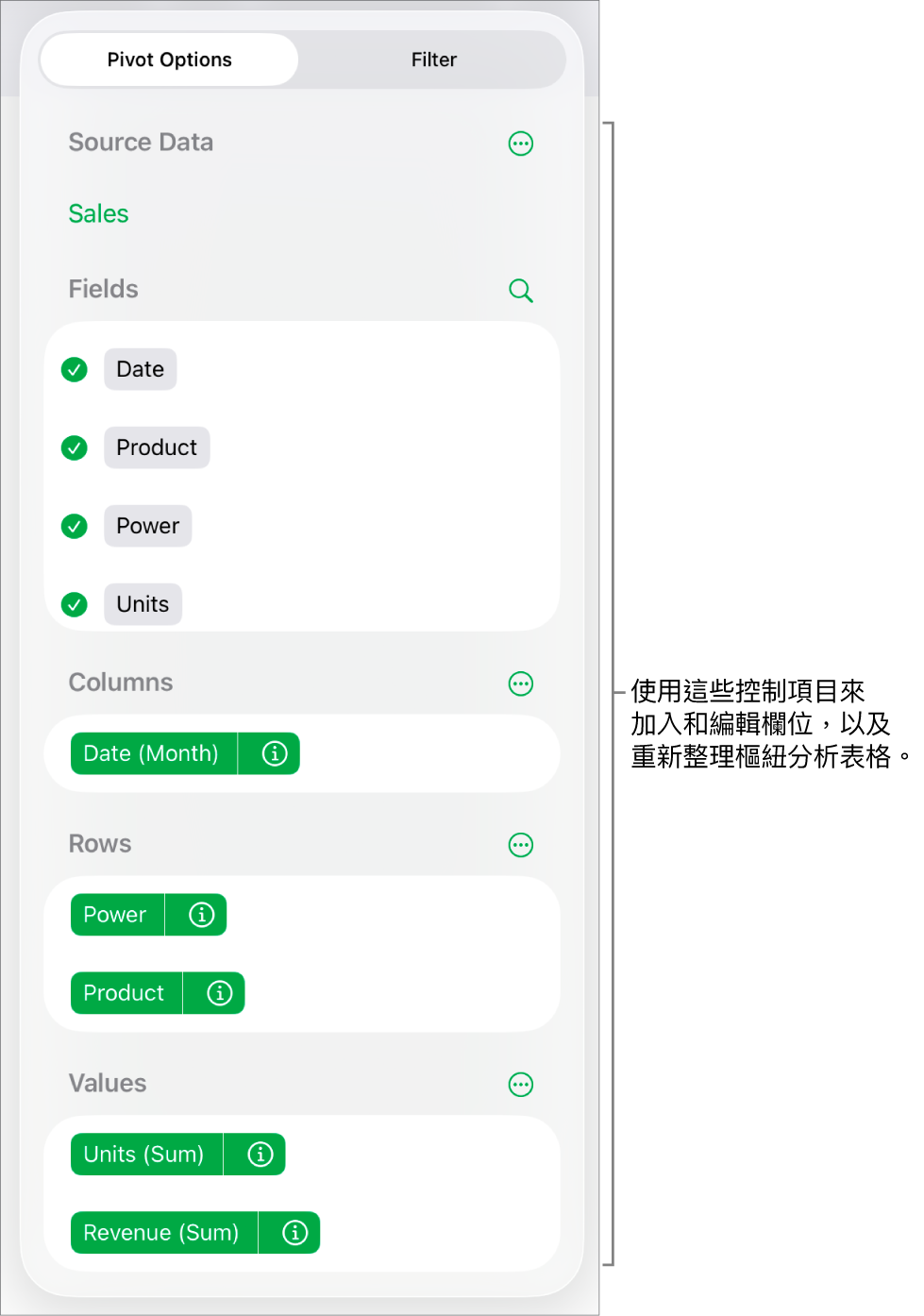 「樞紐分析選項」選單顯示「直欄」、「橫列」和「值」區域中的欄位,以及編輯欄位的控制項目。