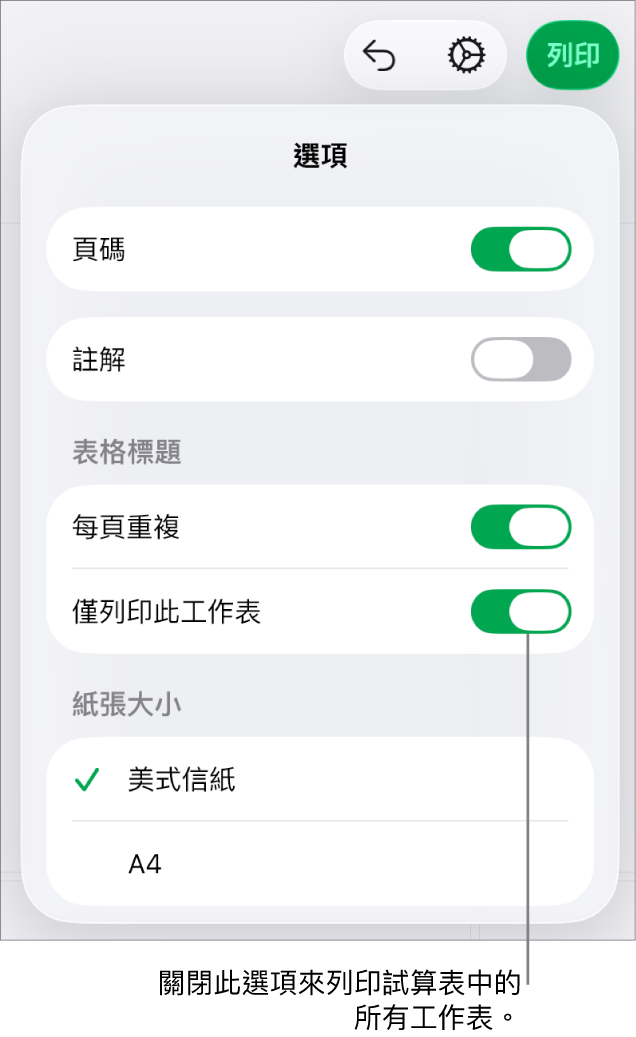 預覽列印面板,帶有以下控制項目:顯示頁碼、重複每頁標題、更改紙張大小,以及選擇要列印整份試算表或僅列印目前的工作表。
