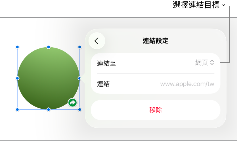 「連結設定」控制項目顯示已選取「網頁」,而「移除」按鈕位於底部。