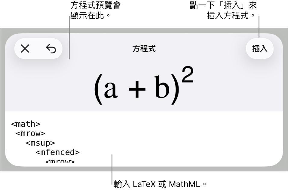 「方程式」對話框,顯示使用 MathML 指令寫入的方程式,上方是公式的預覽。
