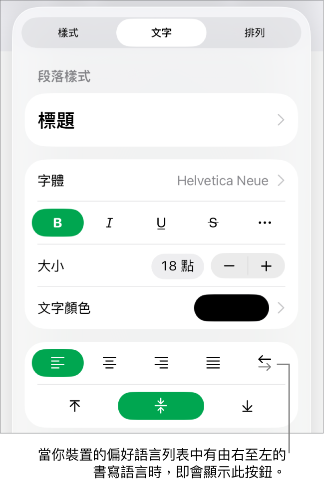 「格式」選單的「樣式」區域，說明文字指向「由右至左」按鈕。