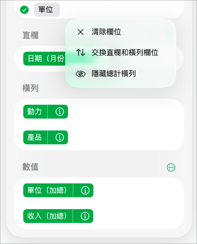 「更多欄位選項」選單,顯示隱藏總計的控制項目、交換直欄和橫列欄位,以及清除欄位。