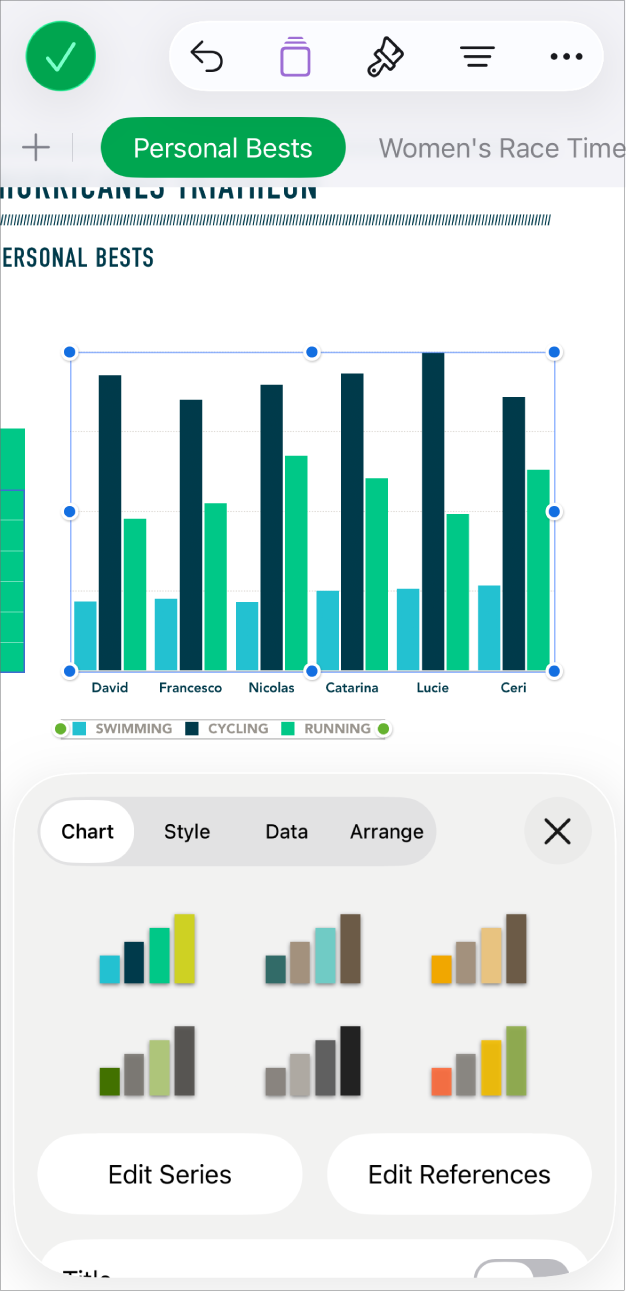 مخطط دائري يعرض النسب المئوية للمسارات المكتملة. قائمة التنسيق مفتوحة أيضًا، وتعرض أنماطًا مختلفة للمخطط للاختيار من بينها وكذلك خيارات لتعديل مراجع السلسلة أو المخطط وتشغيل عنوان المخطط أو إيقافه.
