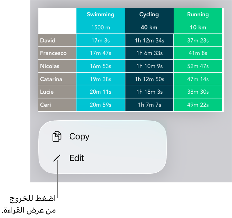 جدول محدد، وتوجد أسفله قائمة تحتوي على الزرين نسخ وتعديل.