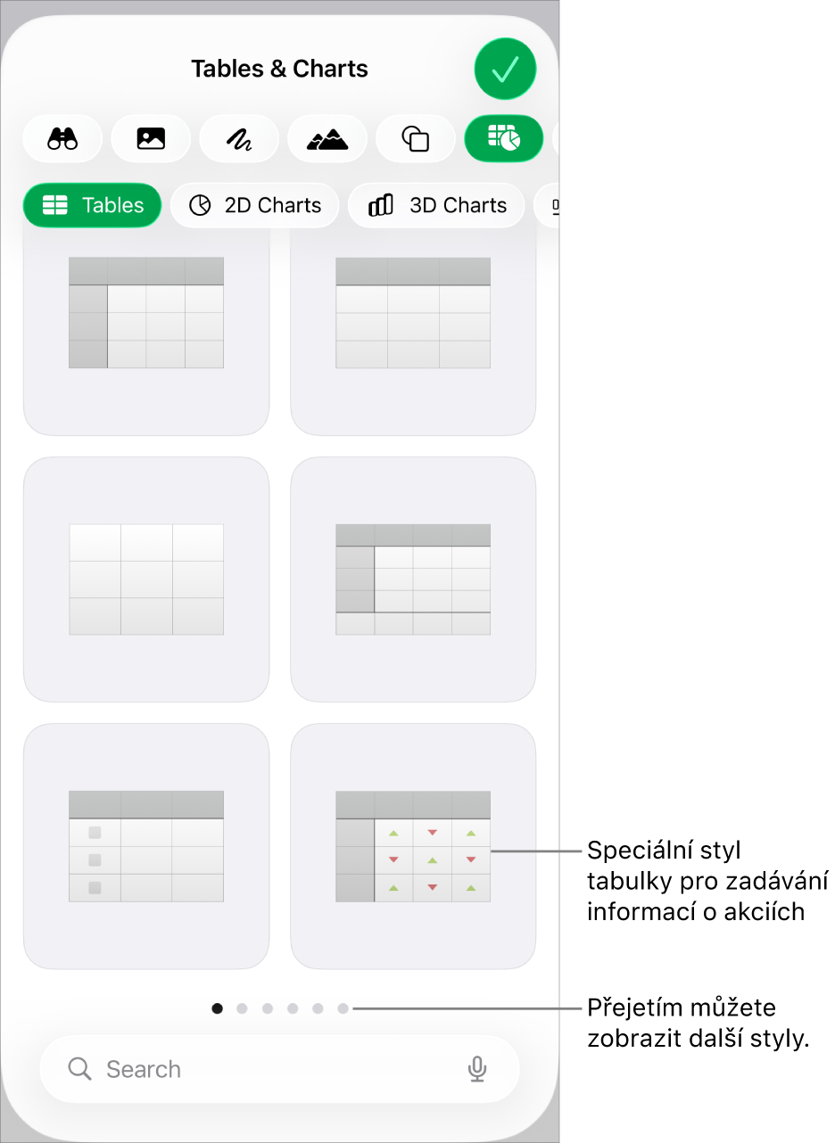 Miniatury dostupných stylů tabulky se speciálním stylem pro zadávání informací o akciích v pravém dolním rohu. Šest teček podél dolního okraje znamená, že můžete přejížděním zobrazit další styly.