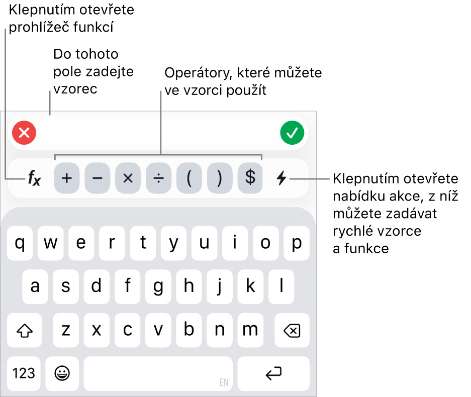 Klávesnice pro vzorce, obsahující nahoře editor vzorců a pod ním operátory používané ve vzorcích. Nalevo od operátorů je umístěno tlačítko Funkce pro otevření prohlížeče funkcí a napravo je vidět tlačítko Akce