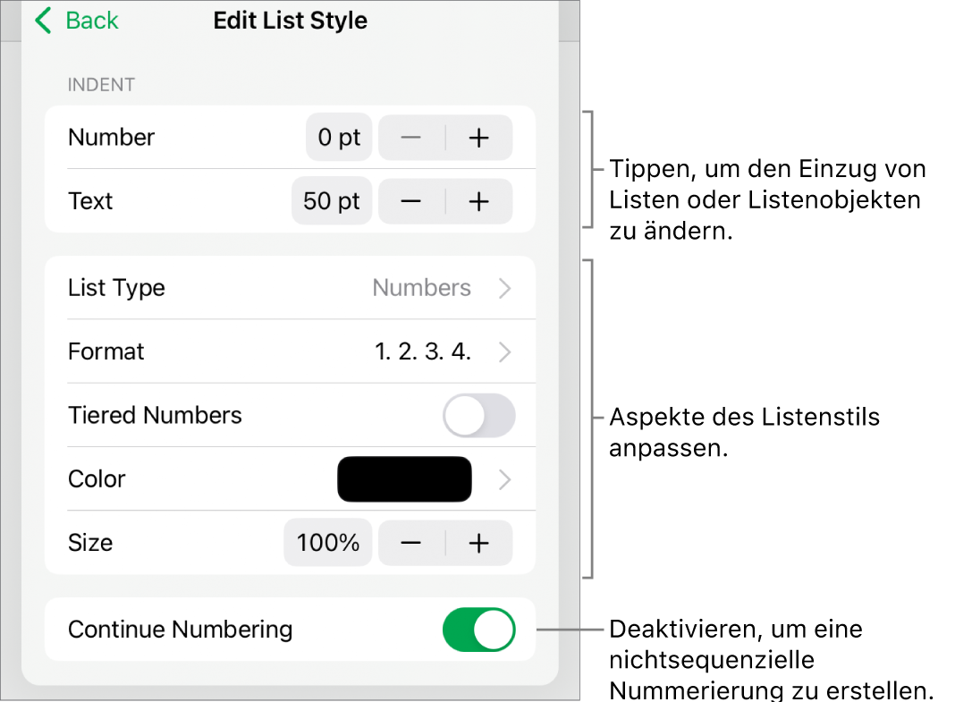 Das Menü „Listenstil bearbeiten“ mit Steuerelementen für Einzug, Listenart und -format, abgestufte Nummerierung, Listenfarbe und -größe sowie kontinuierliche Nummerierung.
