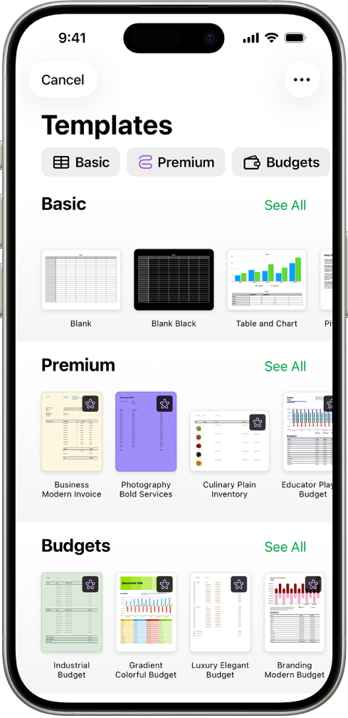 The template chooser, showing a row of categories across the top that you can tap to filter the options. Below are thumbnails of predesigned templates arranged in rows by category, starting with Recent at the top and followed by Basic and Personal Finance. A See All button appears above and to the right of each category row. The Language and Region button is in the top-right corner.