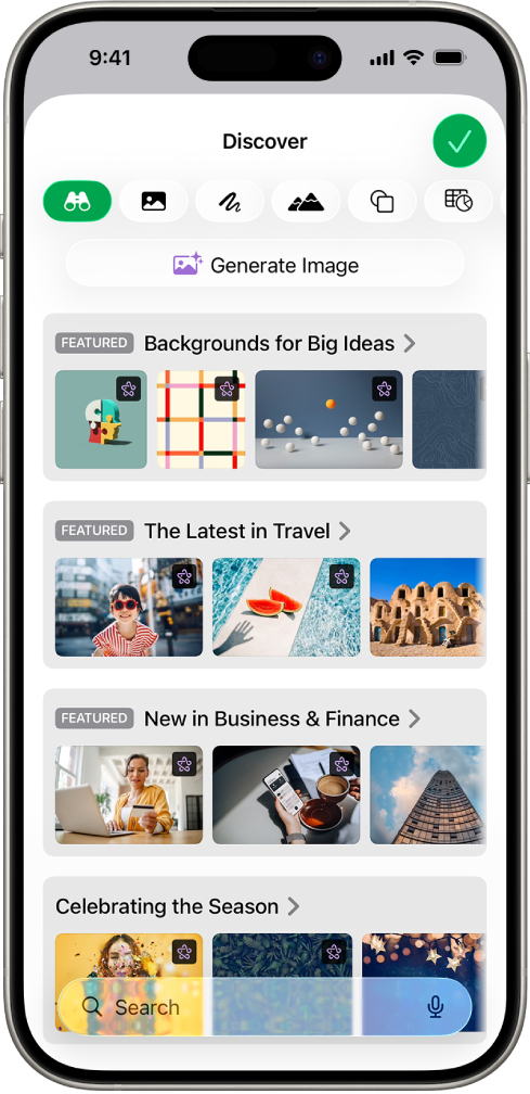 The Discover category of the Content Hub showing options to generate an image or add premium images to a spreadsheet.