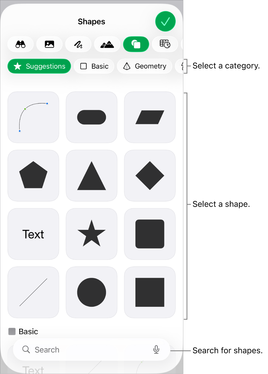 The shapes library, with categories at the top and shapes displayed below. You can use the search field at the top to find shapes and swipe to see more.