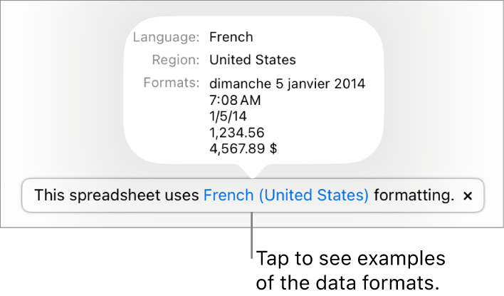 The notification of the different language and region settings, showing examples of formatting for that language and region.