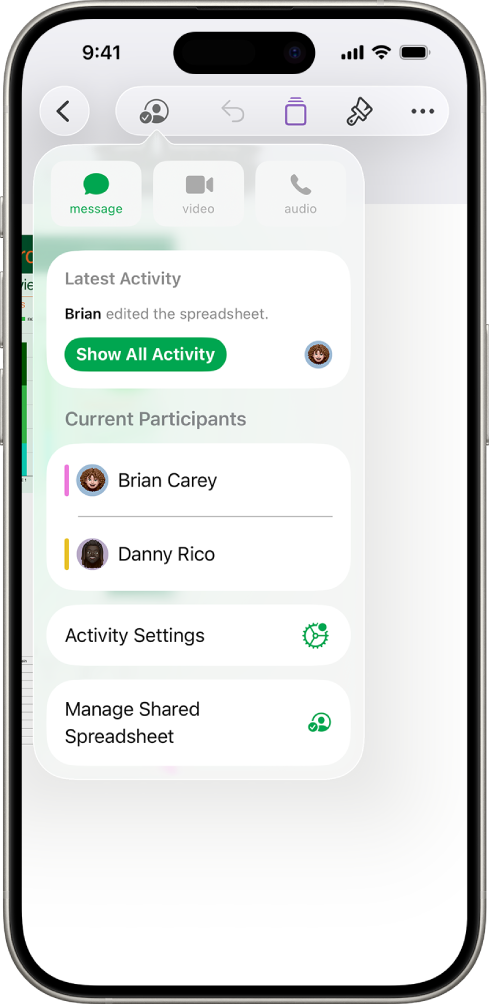The collaboration menu showing the names of people collaborating on the spreadsheet.