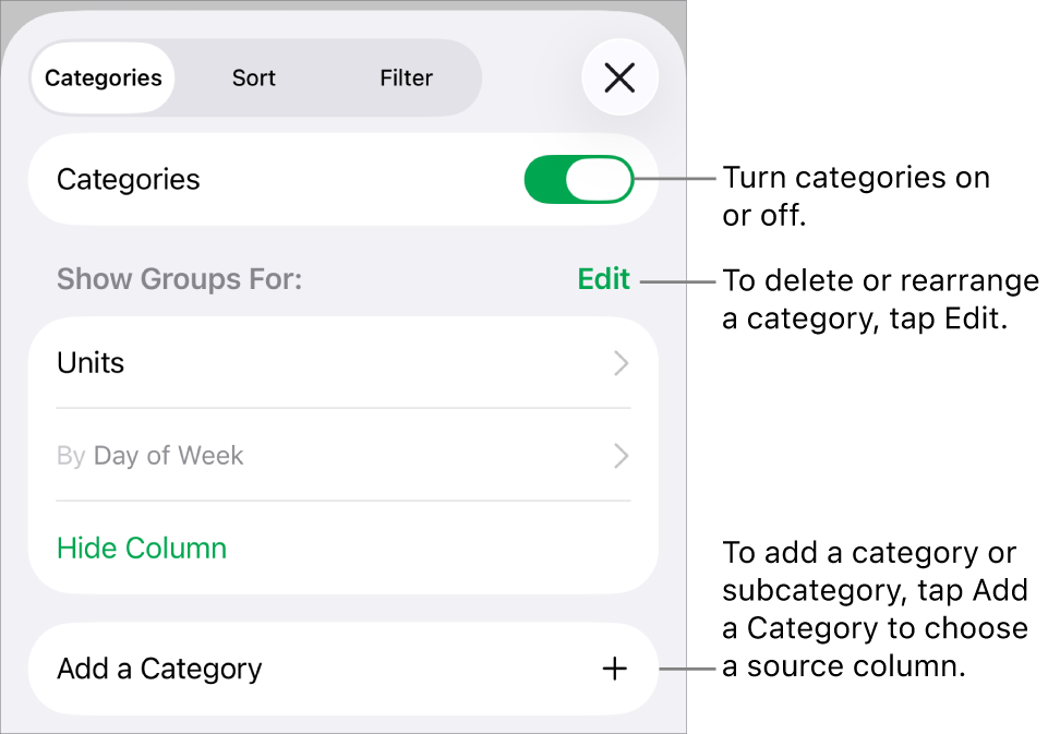 The Categories menu for iPhone with options for turning categories off, deleting categories, regrouping data, hiding a source column and adding categories.