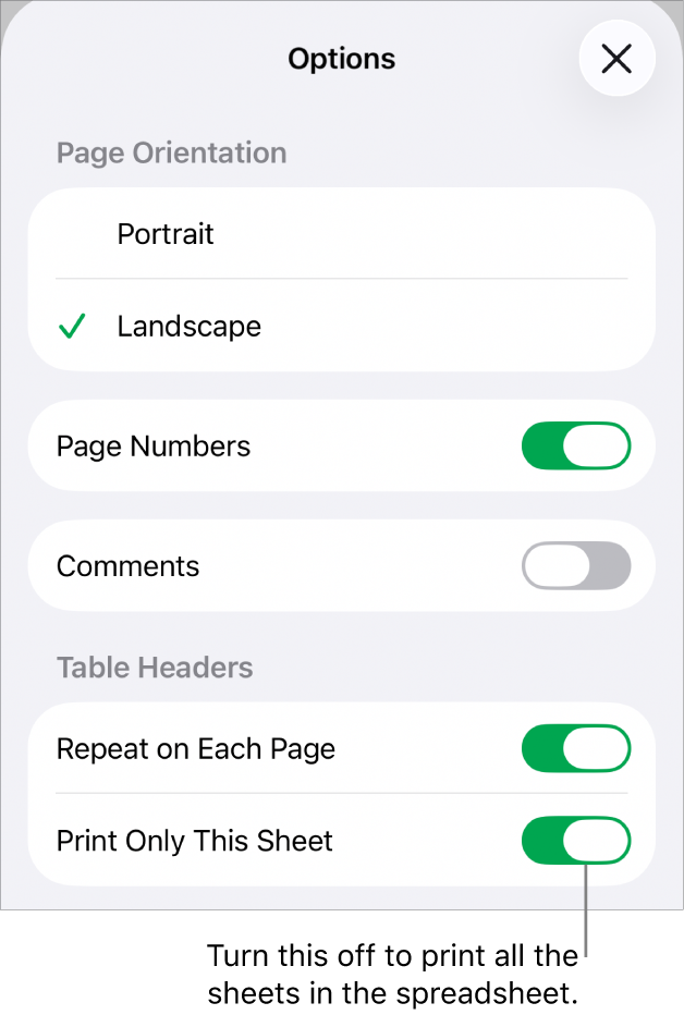 Printing options for choosing page orientation, showing page numbers and headers, and choosing paper size and which pages to print.