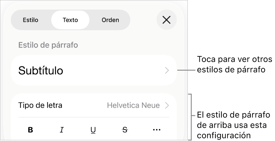 El menú Formato mostrando los controles de texto para configurar los estilos de párrafo y carácter, tipo de letra, tamaño y color.