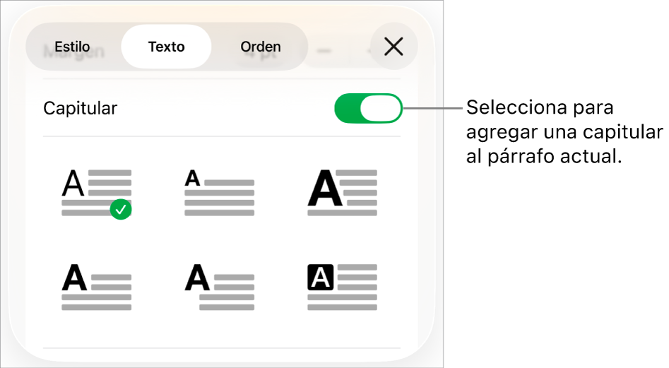 Los controles de letra capitular en el menú Texto.