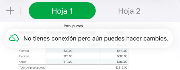 Los botones en la parte superior de la pantalla, donde el botón Colaboración cambió a una nube con una línea diagonal que la atraviesa. Una alerta en la pantalla muestra el mensaje: No tienes conexión pero aún puedes hacer cambios.