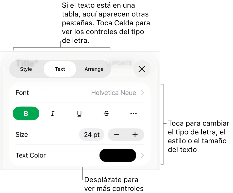 Controles de texto en el menú Formato para configurar los estilos de párrafo y carácter, tipo de letra, tamaño y color.