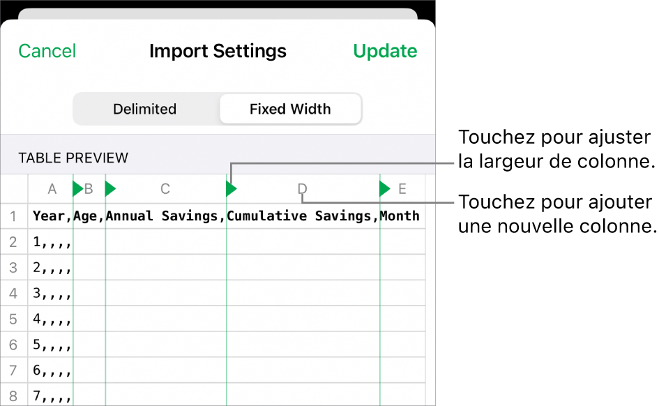 Réglages d’importation d’un fichier texte à largeur fixe.