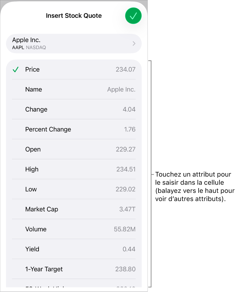 Fenêtre contextuelle Cotation dont le nom de l’action apparaît en haut et les attributs d’action sélectionnables, notamment le cours, le nom du cours, son évolution, cette évolution en pourcentage et le cours à l’ouverture apparaissent en bas.