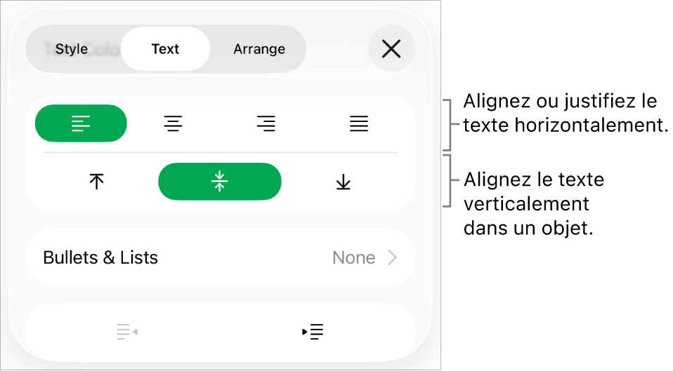 Section de mise en page de l’inspecteur de format avec les légendes des boutons d’alignement et d’espacement de texte.