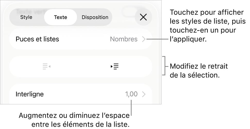 La section « Puces et listes » des commandes Format avec des légendes pour « Puces et listes », les boutons d’indentation et de suppression d’indentation et les commandes d’espacement entre les lignes.