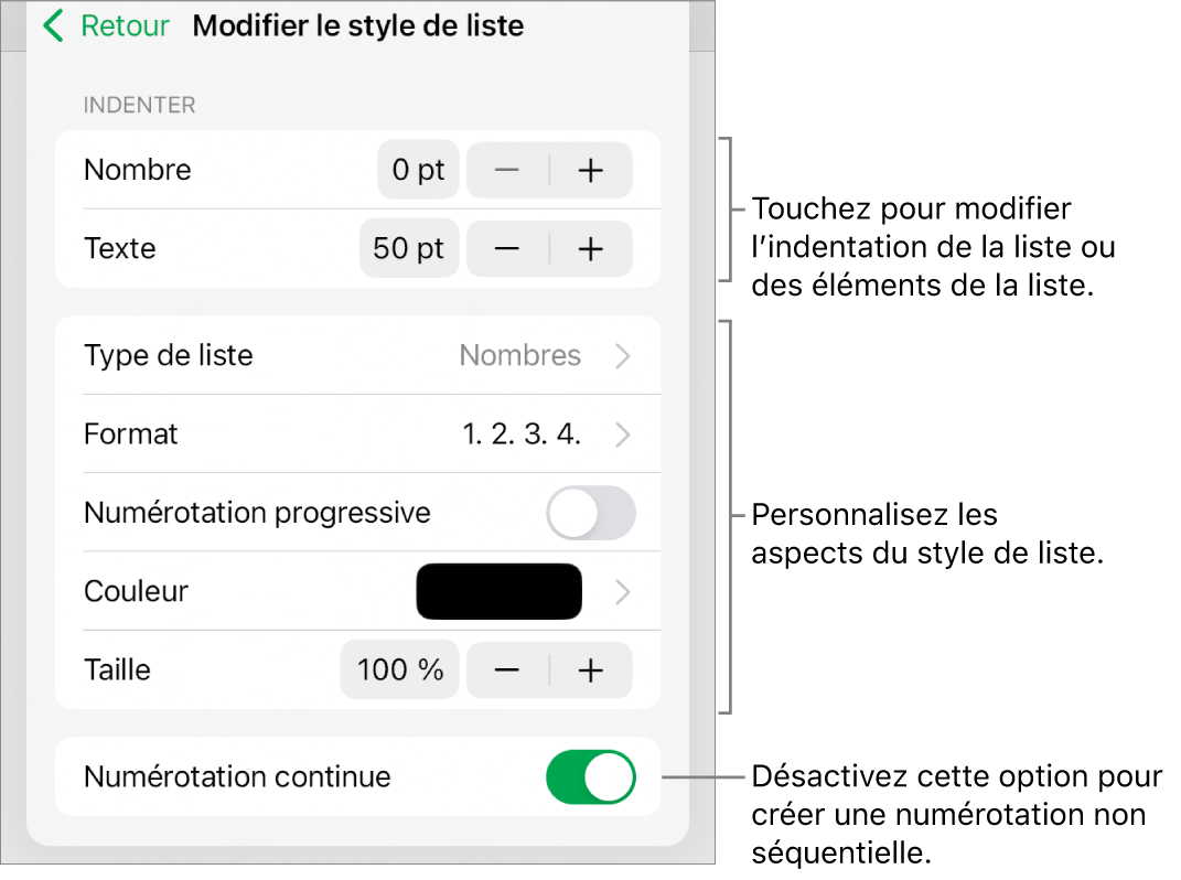 Le menu « Modifier le style de liste » avec des commandes d’espacement de l’indentation, de type et de format de liste, de numérotation progressive, de couleur et de taille de liste, et de numérotation continue.
