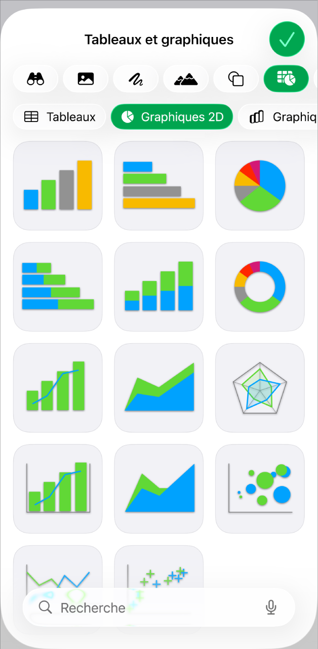 Le menu Graphiques affichant des graphiques 2D.