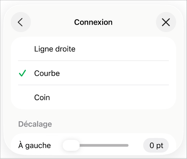 Les commandes Connexion avec l’option Courbe sélectionnée.