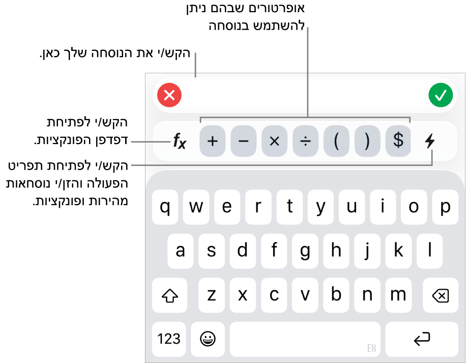 מקלדת הנוסחאות, עם ״עורך הנוסחאות״ בחלק העליון והאופרטורים המשמשים בנוסחאות מתחתיו. הכפתור ״פונקציות״ לפתיחת דפדפן הפונקציות נמצא משמאל לאופרטורים והכפתור של תפריט ״פעולות״ נמצא מימין.