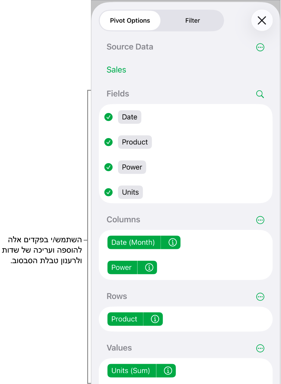 התפריט ״אפשרויות סבסוב״ שבו מוצגים שדות במקטעים ״עמודות״, ״שורות״ ו״ערכים״, וכן פקדים לעריכת השדות.